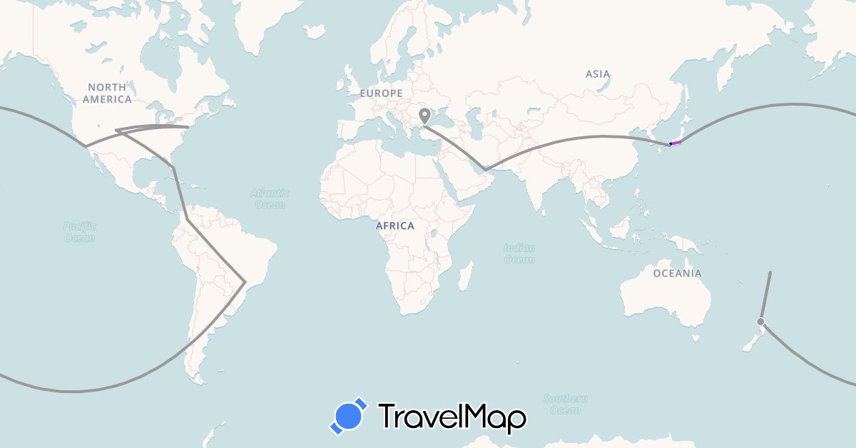 TravelMap itinerary: driving, plane, train in United Arab Emirates, Brazil, Colombia, Fiji, Japan, New Zealand, Turkey, United States (Asia, North America, Oceania, South America)